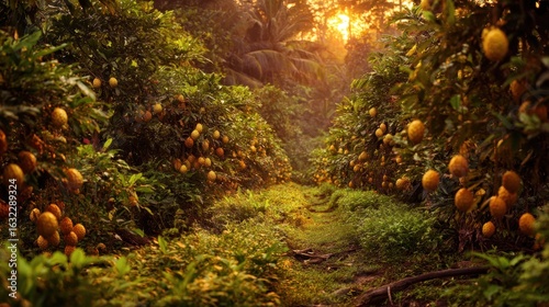 Sun-drenched fruit orchard path