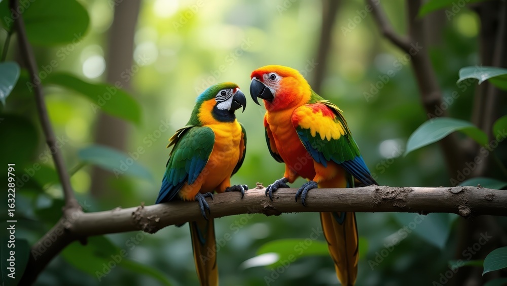 Naklejka premium Two colorful parrots perched on a branch.
