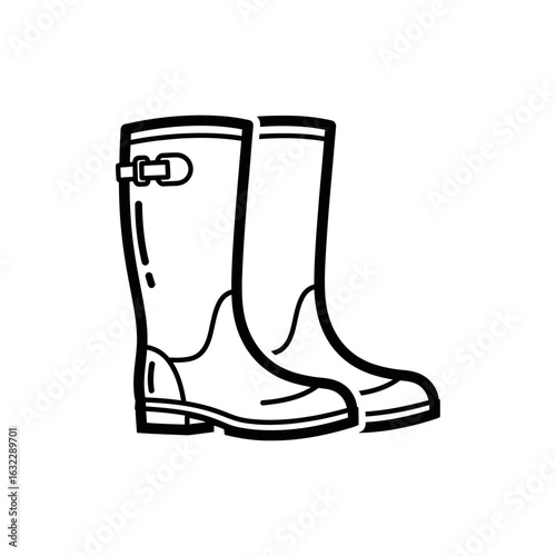 A simple black and white line drawing of a pair of rubber boots with a buckle on the side boot leg