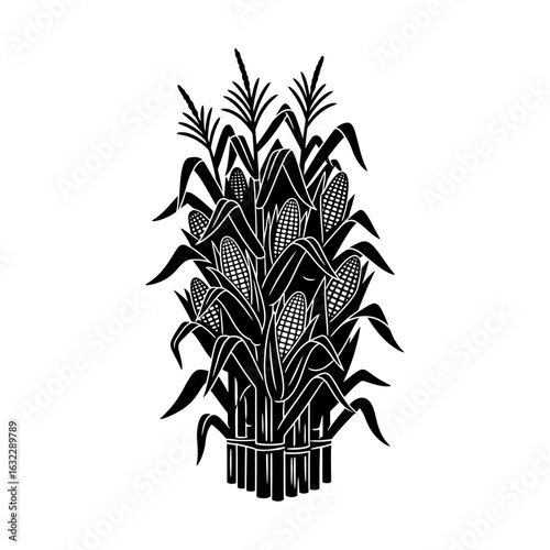 Black and white graphic illustration of a bundle of corn stalks with corn cobs and leaves design