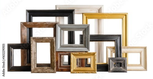 Assorted antique-style picture frames of varying sizes and colors