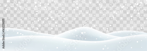 Snow flakes, snow and blizzard falling on snowdrifts. Snow landscape decoration, frozen hills isolated on png background. Vector heavy snowfall with snowbanks field. Christmas vector illustration