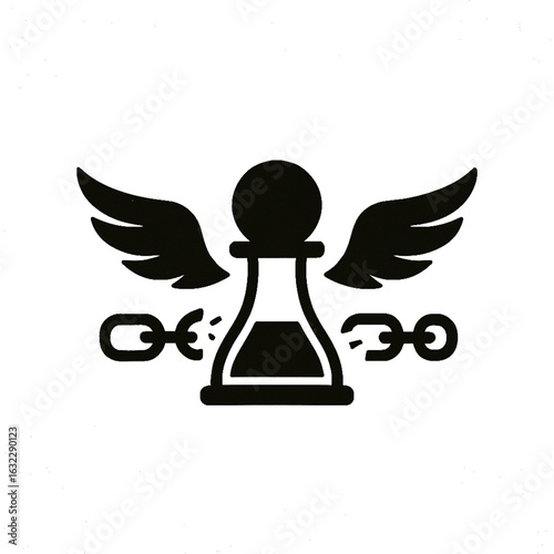 Symbolic Black and White Icon of a Chess Pawn with Wings Breaking Chains Representing Freedom Strategy and Overcoming Obstacles
