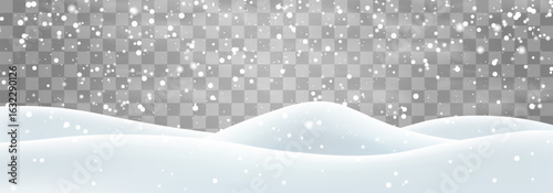 Snow flakes, snow and blizzard falling on snowdrifts. Snow landscape decoration, frozen hills isolated on png background. Vector heavy snowfall with snowbanks field. Christmas vector illustration