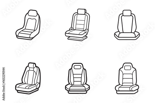 Collection of Six Different Car Seat Designs in Black and White Outline Style for Automotive Illustrations and Vehicle Interior Design Elements