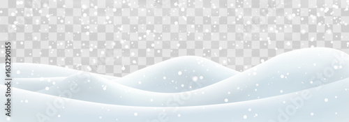 Snow flakes, snow and blizzard falling on snowdrifts. Snow landscape decoration, frozen hills isolated on png background. Vector heavy snowfall with snowbanks field. Christmas vector illustration