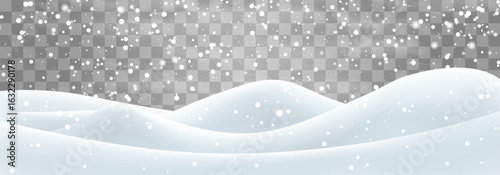 Snow flakes, snow and blizzard falling on snowdrifts. Snow landscape decoration, frozen hills isolated on png background. Vector heavy snowfall with snowbanks field. Christmas vector illustration