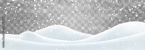 Snow flakes, snow and blizzard falling on snowdrifts. Snow landscape decoration, frozen hills isolated on png background. Vector heavy snowfall with snowbanks field. Christmas vector illustration