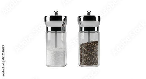 Pair of clear glass salt and pepper grinders with chrome tops