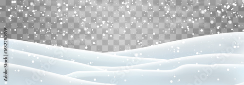 Snow flakes, snow and blizzard falling on snowdrifts. Snow landscape decoration, frozen hills isolated on png background. Vector heavy snowfall with snowbanks field. Christmas vector illustration