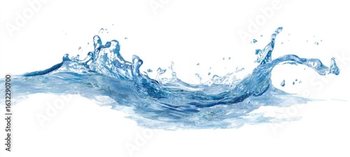 Water splashing in a dynamic horizontal arc against a white background.  The water's movement creates complex shapes and textures of frothy, cascading liquid