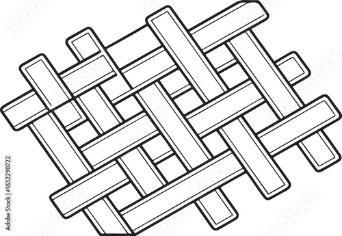 Black and white line art of a complex woven pattern with overlapping bands texture interlaced