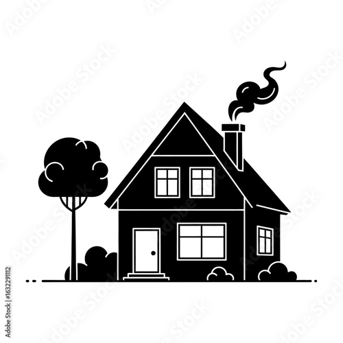 A monochrome illustration of a house with a tree and smoke coming from the chimney on a white background