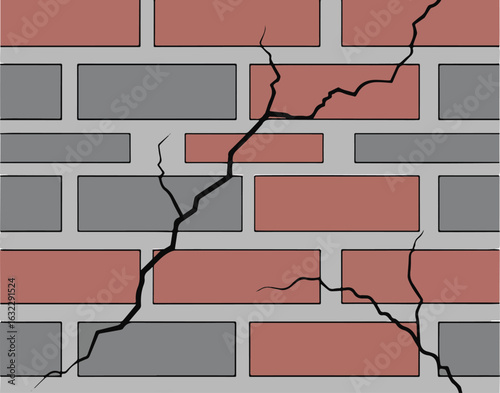 Red and Grey Brick Wall with Jagged Crack Pattern cracked damage