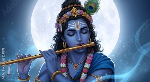 Digital illustration of lord krishna playing the flute with a lunar background and peaceful aura
