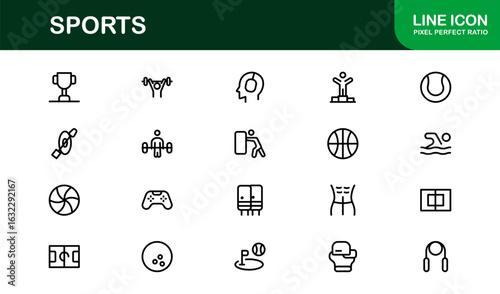 Sports Line Icon Collection – Unique, creative, and premium design elements representing various games, physical exercises, and sports gear