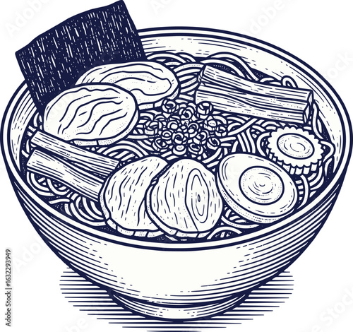 Delicious ramen bowl sketch with noodles, egg, and toppings, perfect for culinary designs, vector illustration