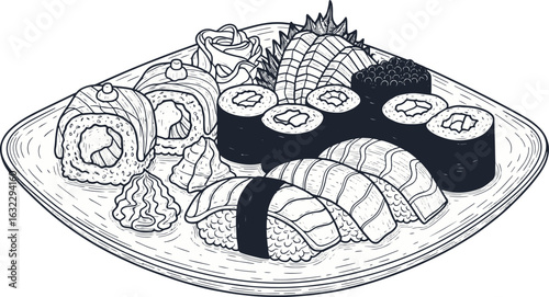 Delicious sushi platter with salmon nigiri, maki rolls, sashimi, and wasabi, vector illustration