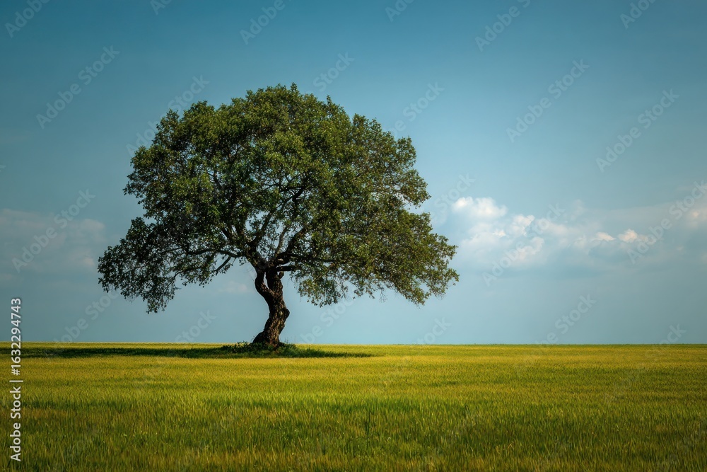 Obraz premium Lone tree in golden field under a clear sky
