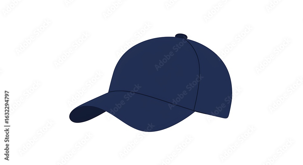 Fototapeta premium A navy blue baseball cap with a curved brim and button on top, isolated on a plain background, viewed from the side