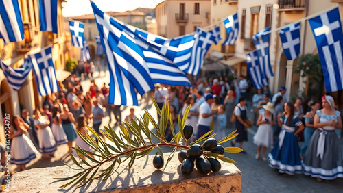 Fototapeta Naklejka Na Ścianę i Meble -  Olive branch with ripe black olives in the foreground, overlooking a vibrant Greek street celebration with flags.