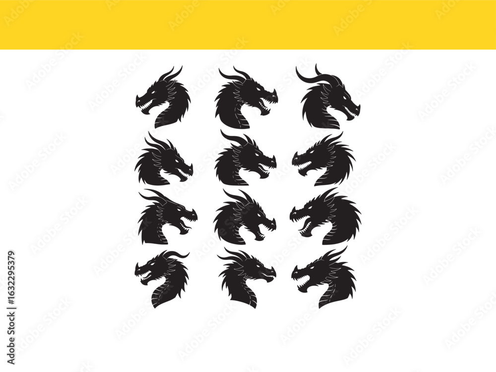 Obraz premium A powerful collection of dragon head vector icons, featuring various mythical beast profiles in a bold silhouette style.