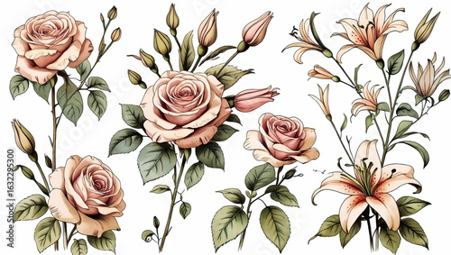 Elegant Floral Ensemble: Artistic watercolor renderings of exquisite roses and lilies in full bloom, each detail rendered in soft, lifelike detail.