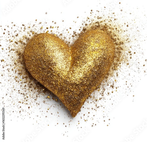 A golden heart shape, coated in glitter, is surrounded by scattered golden glitter on a white background