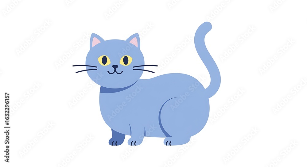 Fototapeta premium A blue cat standing on a white background, viewed from the side, with a simple and clean illustration style