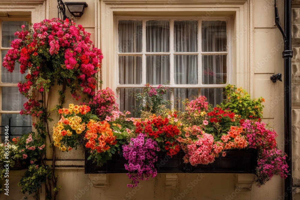 Naklejka premium Colorful window boxes overflowing with flowers