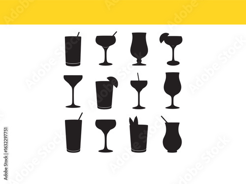 Assorted cocktail and drink glass silhouettes, a graphic vector set for bar, party, and beverage concepts.