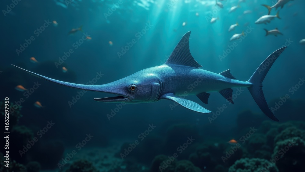 Fototapeta premium A large fish with a long, slender snout swims through the deep blue ocean.