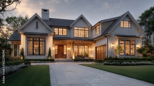 Wallpaper Mural Grand Home Featuring Manicured Lawn and Driveway During the Early Evening Torontodigital.ca