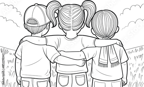 Vector art of three children viewed from behind, arms around each others shoulders, standing in a field