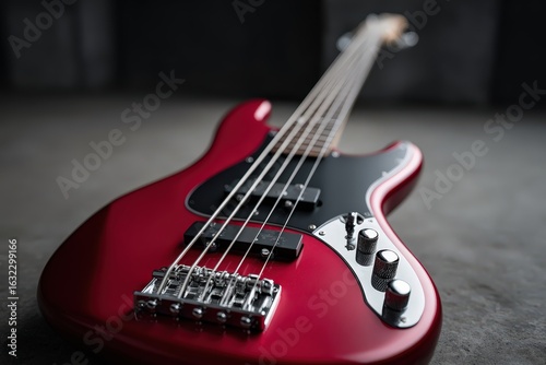 Red electric bass guitar on display indoors