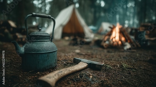 Wallpaper Mural Kettle And Axe Sit Near Campfire At Base Camp In Woods Torontodigital.ca