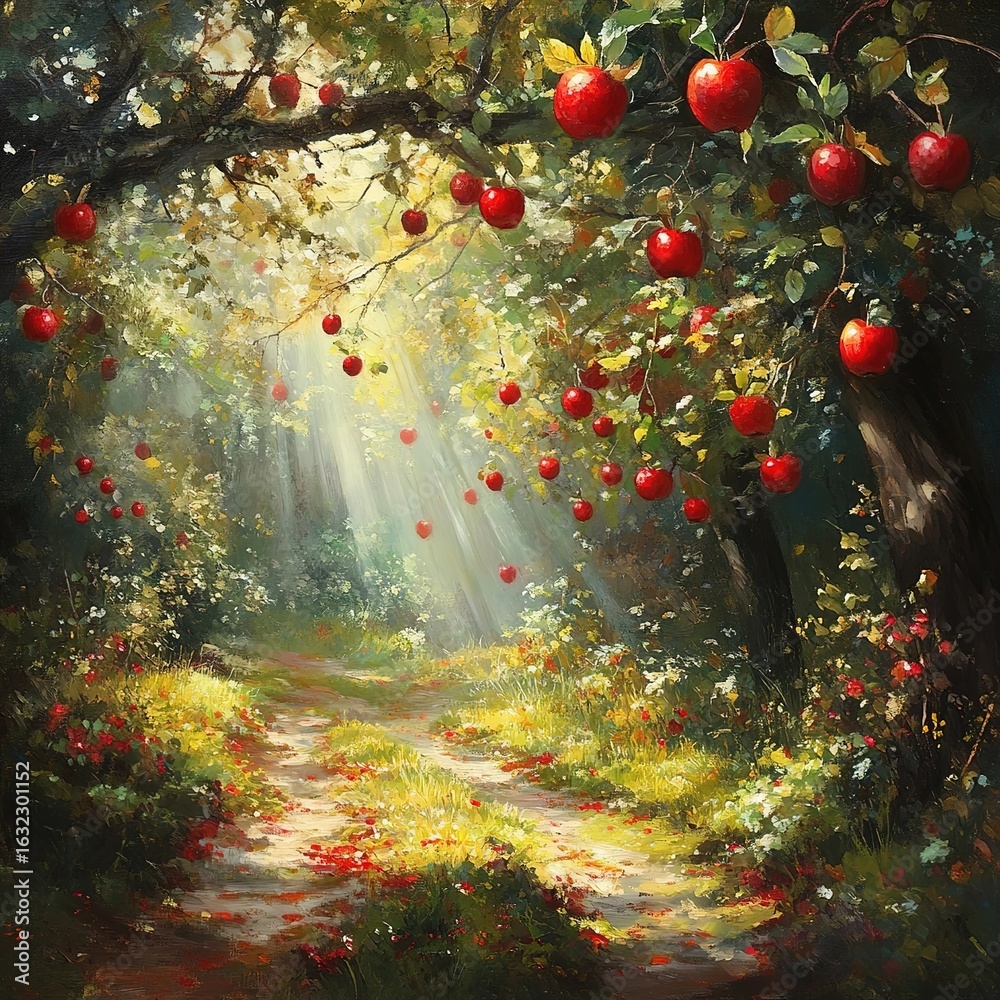 Fototapeta premium Sunlight-drenched apple orchard path