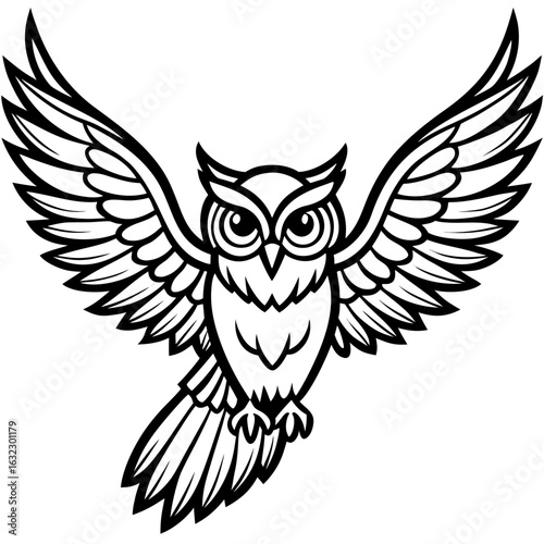 Stylized flying owl with spread wings, bird of prey vector illustration for a mascot.