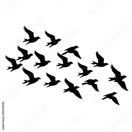 A vector silhouette of a flock of migrating birds flying in formation
