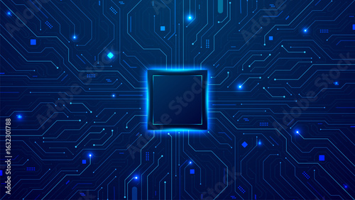 microprocessor, CPU, ai unit with blue neon lights with circuit board background template
