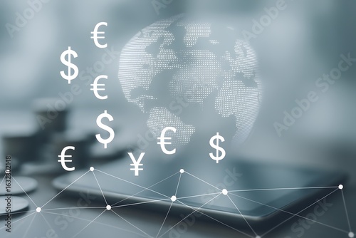 Global finance and digital currency concept with world map and currency symbols representing international economy