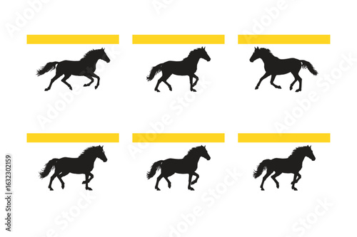 A collection of black horse silhouettes captured in various phases of a running gait, organized in a grid with yellow accent bars.