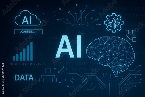 Artificial intelligence concept with digital brain, data analytics and neural network connections on futuristic technology background