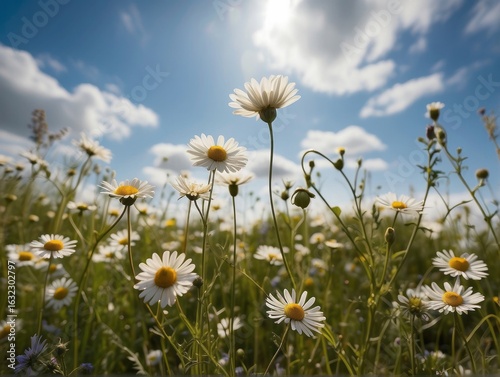 Beautiful field meadow flowers chamomile, blue wild peas in morning against blue sky with cloud