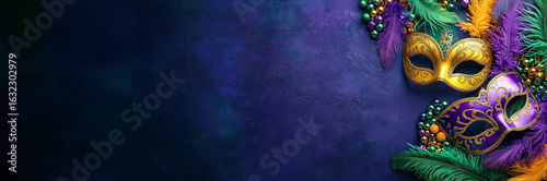 Mardi Gras mask and feathers in corner on dark textured purple background, ideal for festive banners, carnival ads and celebratory graphics. banner with free space for text