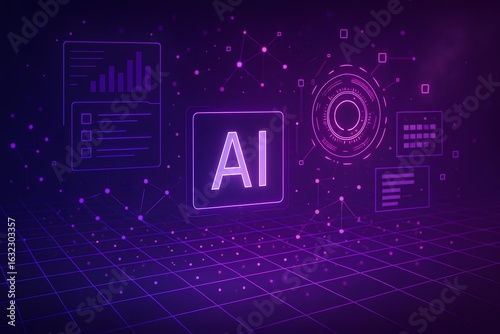 Futuristic artificial intelligence concept with digital interface, neural networks and data analytics on abstract purple background