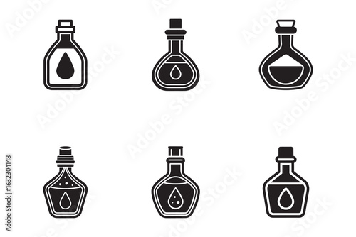 Potion Bottles Icon Set Black and White Mysterious Elixirs Alchemy Theme Digital Illustration Variety of Shapes for Halloween Designs
