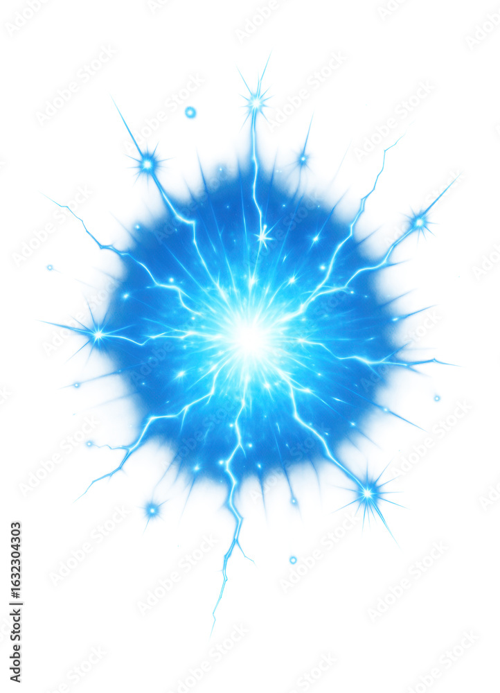 Fototapeta premium Bright blue energy burst with lightning-like tendrils radiating outward, creating a dynamic and electric appearance on transparent background.