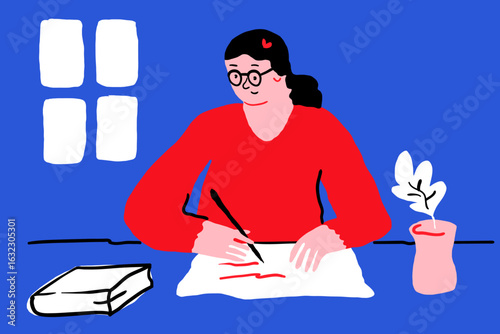 Woman writing at desk near window. Bold flat illustration with red sweater, book, and potted plant on blue background