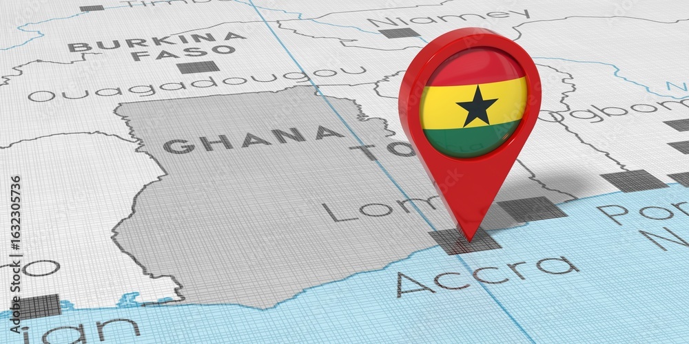 Fototapeta premium Ghana, Accra - location pin with national flag on political map - 3D illustration